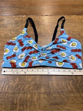 MeUndies Light Blue Bralette with Black Logo Print sz 3X bacon eggs print